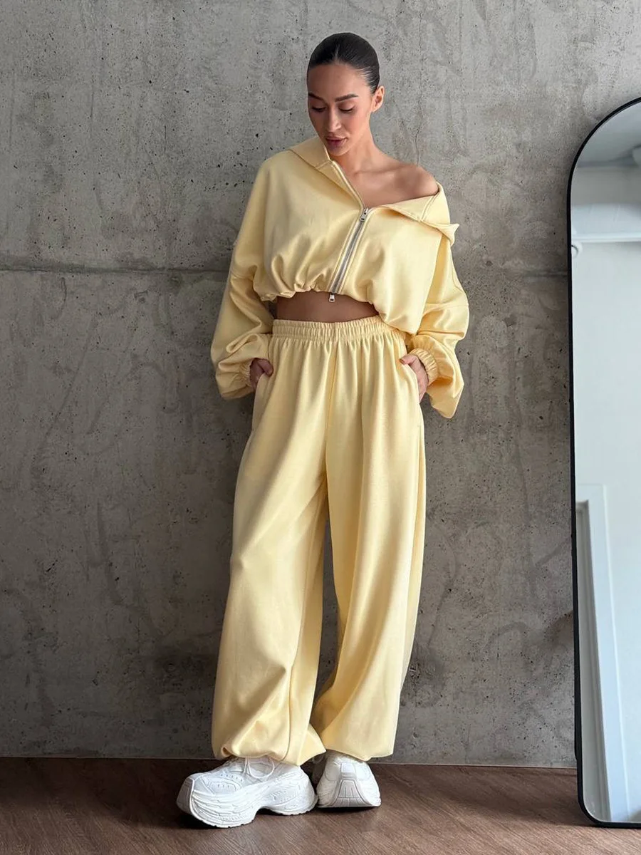 Bornladies Women's New Autumn Zip Up Hooded Crop Top Drawstring Cuffed Sweatpants Set  Loose Fit Streetwear Fashion Pant Sets