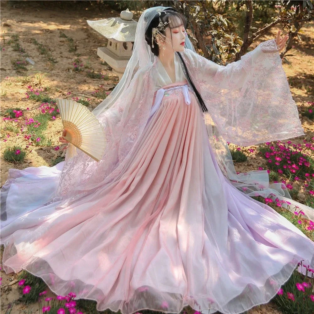 

Кружевное Тюлевое женское традиционное китайское платье Hanfu, Женский сказочный костюм в старинном стиле, костюм из искусственной кожи