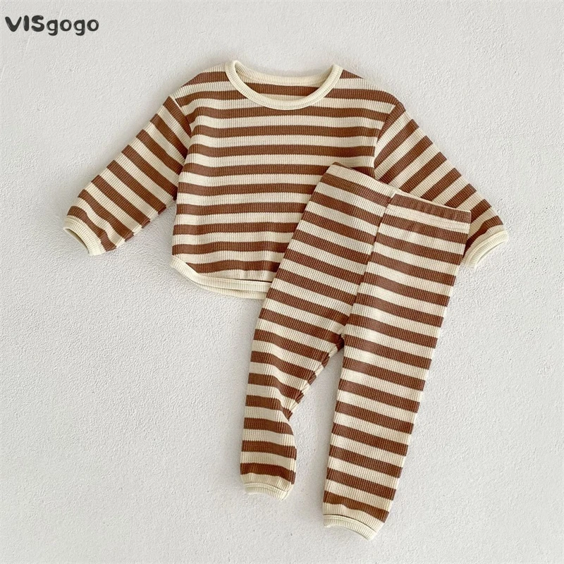 

VISgogo Baby Girls Boys Autumn Outfit Long Sleeve O Neck Rib Pullover Shirt Tops + Contrast Color/Striped Pants 2 PCS