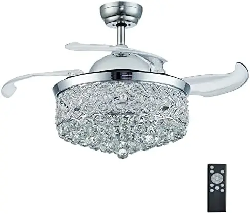 

Chandelier Ceiling Fan, Modern Crystal Fandelier Retractable Blade LED Lighting with Remote Control for Bedroom Dining Room Liv