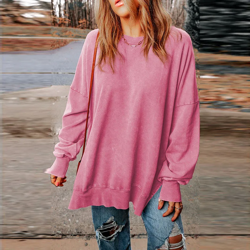 Women's Monochromatic Round Neck Pullover, Casual Hoodie Top, Loose Long Sleeve Sweatshirt, Make Old Blouse, Autumn Fashion, New тени для век lavelle make up art 06 autumn 18г