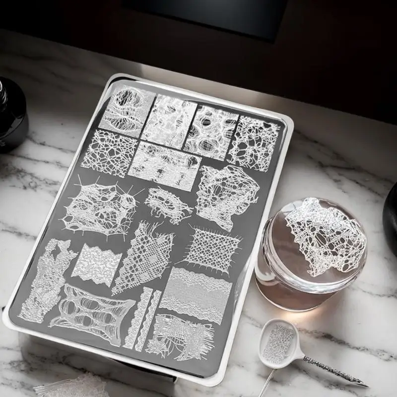 프랑스 레이스 웨이브 라인 네일 스탬핑 플레이트 이미지 DIY 프린팅 기하학 스텐실 도구 스테인레스 스틸 매니큐어 스탬프 템플릿
