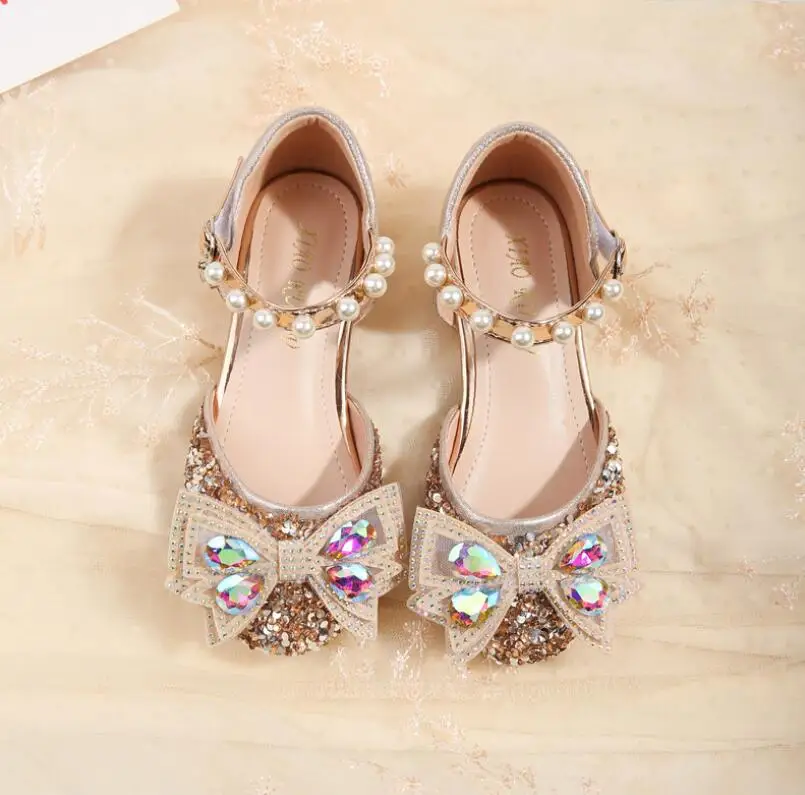 Children's Fashion Shoes For Girls Medium Big Kids Dress Shoes With Rhinestone Crystal Flats Pearls Princess Wedding Party Shoes