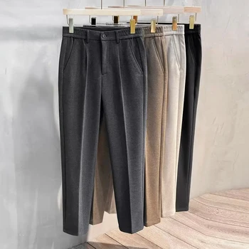 Pantaloni da abito spessi da uomo nuovi autunno inverno moda casual slim drappeggio dritto pantaloni maschili formali classici in tessuto di lana da lavoro 1