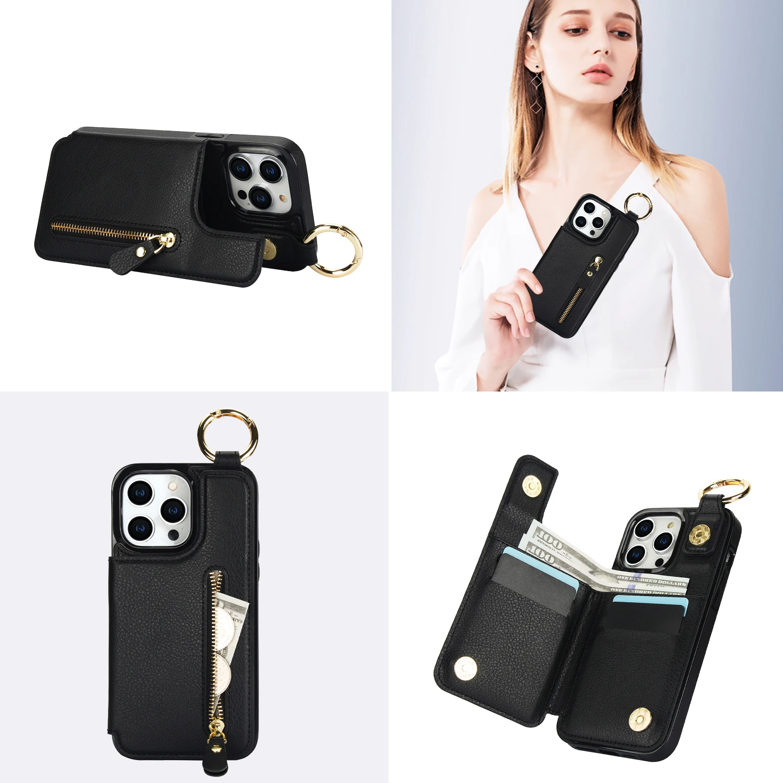 Litchi Leather Zipper Card Holder Wallet Case, Heavy Duty Ring Holder Cover, Kickstand, For iPhone 15 Pro Max 14 13 12 11 XR X 8