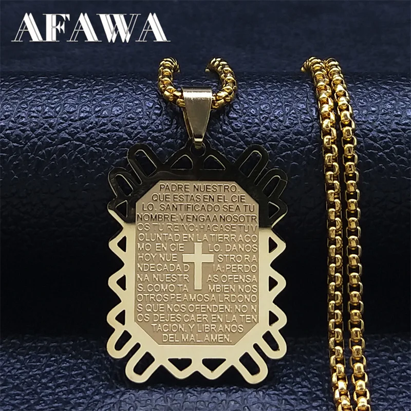 The Lords Prayer Pendant Necklace Stainless Steel Gold Color Bible Spanish Cross Chain Necklaces Jewelry colgantes N2034S02