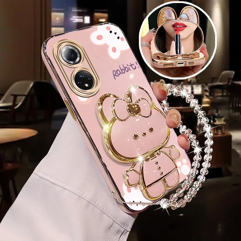 Diamond Wrist Strap Mirror Rabbit Phone Holder Case with Stand