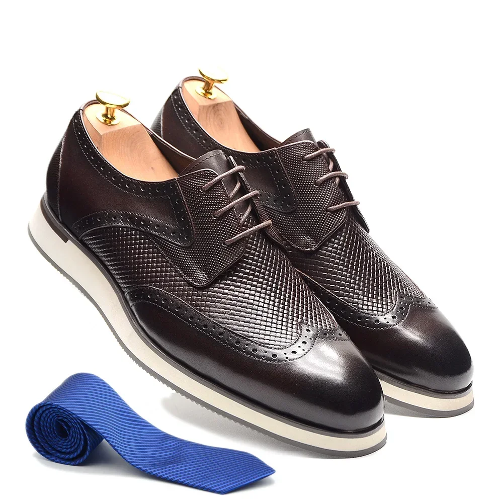 XEBOS Genuine Leather Men's Casual Derby Shoes 3-eyelet Lace-up Wing Tip Brogue Weave Print Sneakers Oxford Daily Footwear Male