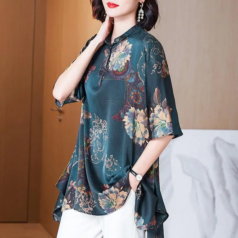 2024 chinese style women's qipao cheongsam stand collar blouse retro loose half sleeves tang suit floral printing blouse a780