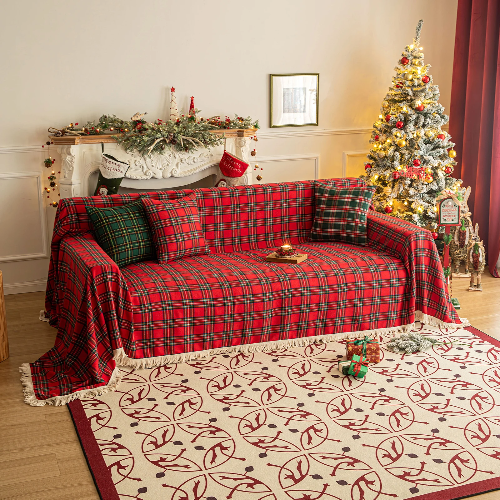 Christmas Plaid Couch Cover with Tassel Washable Sofa Covers Couch Furniture Protector Seat Slipcover Sofa Towel for Living Room 3