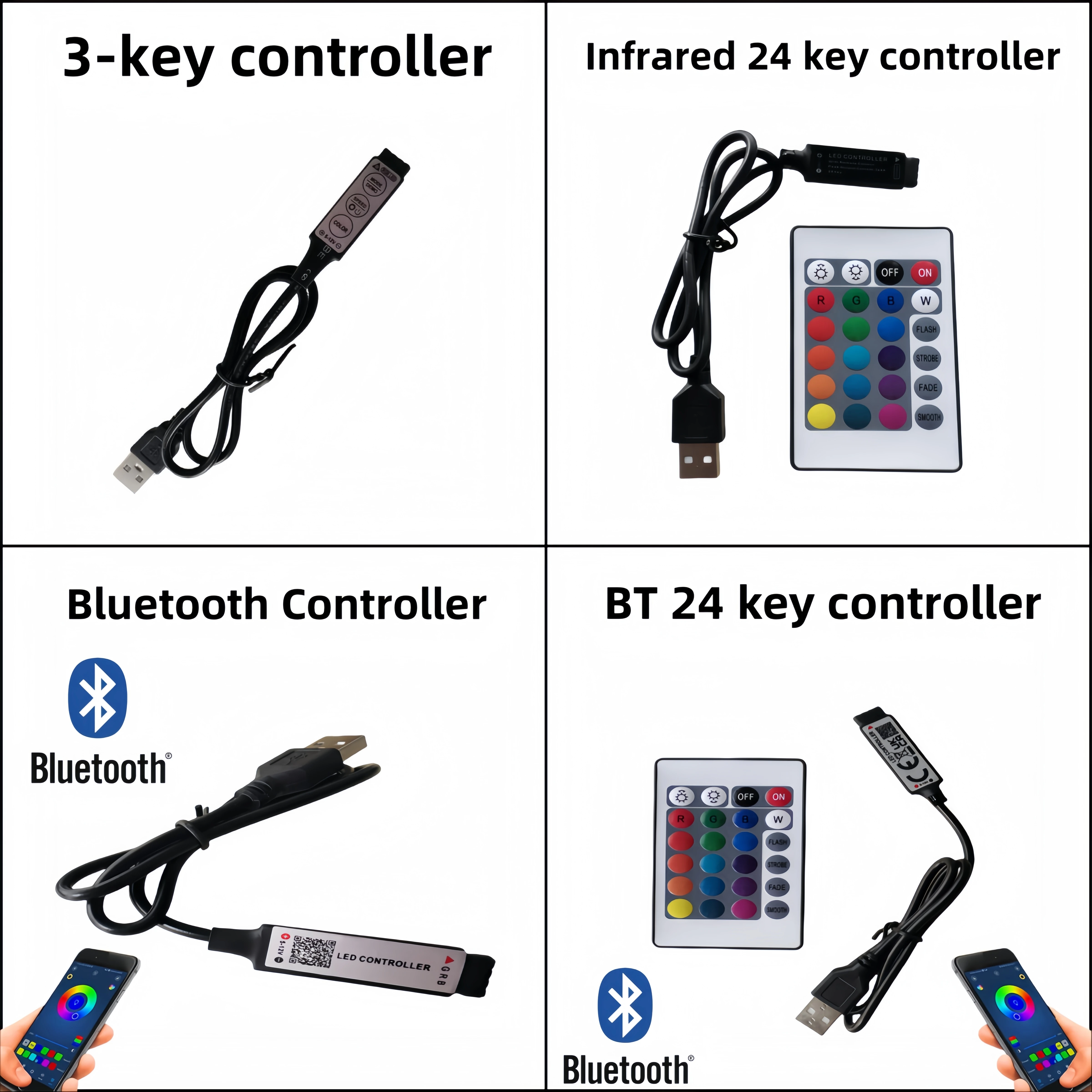 RGB Controller DC5v USB 5V BT 24 Keys RF Remote For COB SMD 3528 5050 RGB Tape Lights