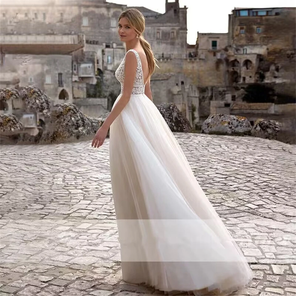 Elegant V-Neck Lace Tulle Backless Cut-out Wedding Dresses For Woman 2024 Sweep Train Ball Gowns Bridal Gowns vestidos de novia