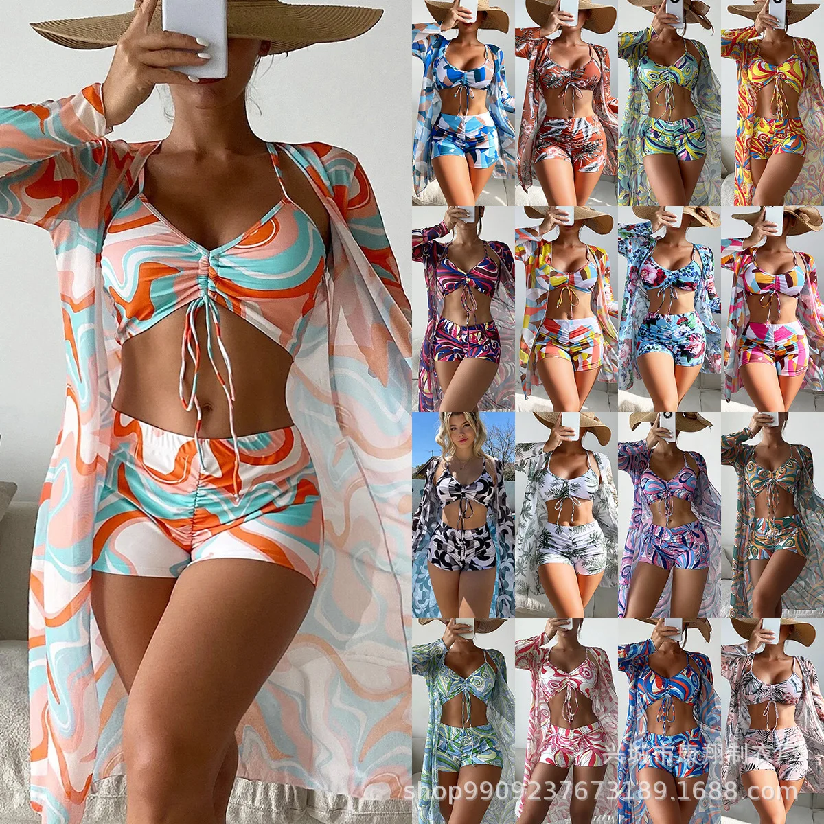 

2023 Swimming Suit Women's Split Three Piece Set High Waist Long Sleeve Ins Cover Up Mesh Red Cross Border Drawstring Set