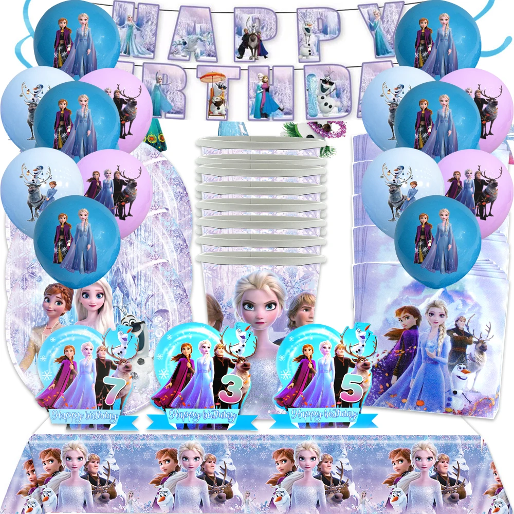 

Frozen Princess Theme Gifts Bags Balloon Plates Straws Cupcake Topper Happy Birthday Party Napkins Decoration Swirls Banner
