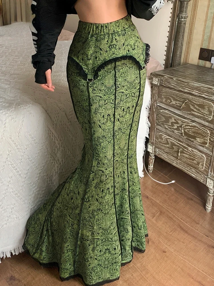 

Vintage Fashion Elegant Green Trumpet Long Skirt Graphic Printed Lace Trim High Waist Skirt Women Aesthetic