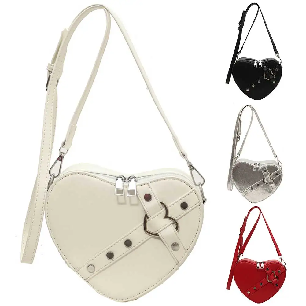 PU crossbody bag women heart small rivet solid color adjustable strap outdoor