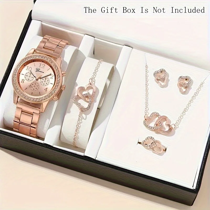 Women's quartz watch 1pc & 5pcs heart-shaped rhinestone jewelry 6pcs Set