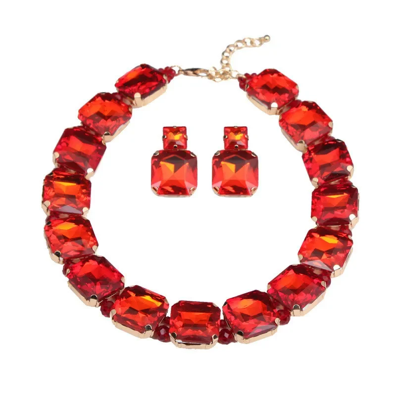 Bohemian Geometric Red Crystal Bridal Wedding Jewelry Sets For Women Statement Rhinestone Gold Color Clavicle Luxury Jewelry bridal jewelry sets crystal jewelry sets