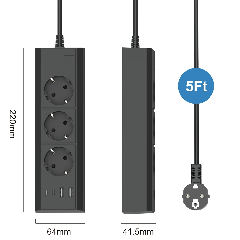 Power Strip 7 IN 1 2500W EU Plug 1.5M Extension Cord Socket Extender With 3AC Outlets 4USB 17W Fast Charging 7 Safety System