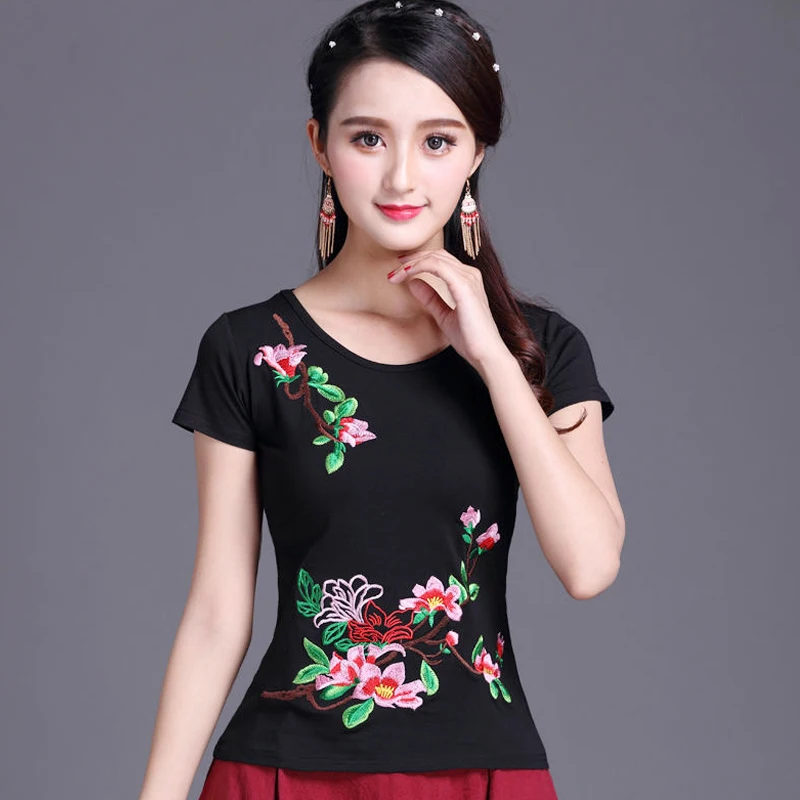 Women Chinese Style Vintage Floral Print Qipao Tops Hanfu Tee Shirt