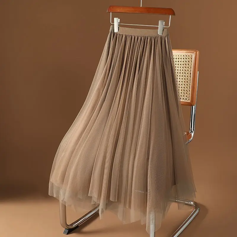 

2024 New Women Autumn Winter Mesh Pleated Tulle Skirts Female High Waist Long Skirts Ladies Solid Color Loose Skirts O666