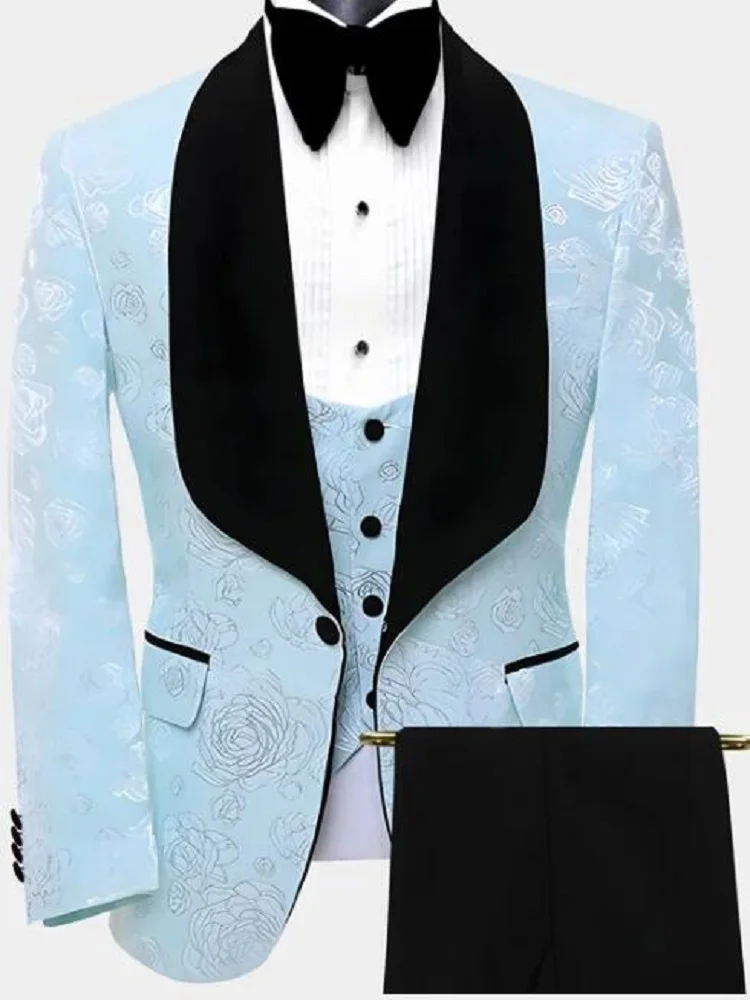 Suits Men Thorndike Light Blue Jacquard Slim Fit Tuxedo Formal Business Work 3Pcs Set (Jacket+Pants+Pants)