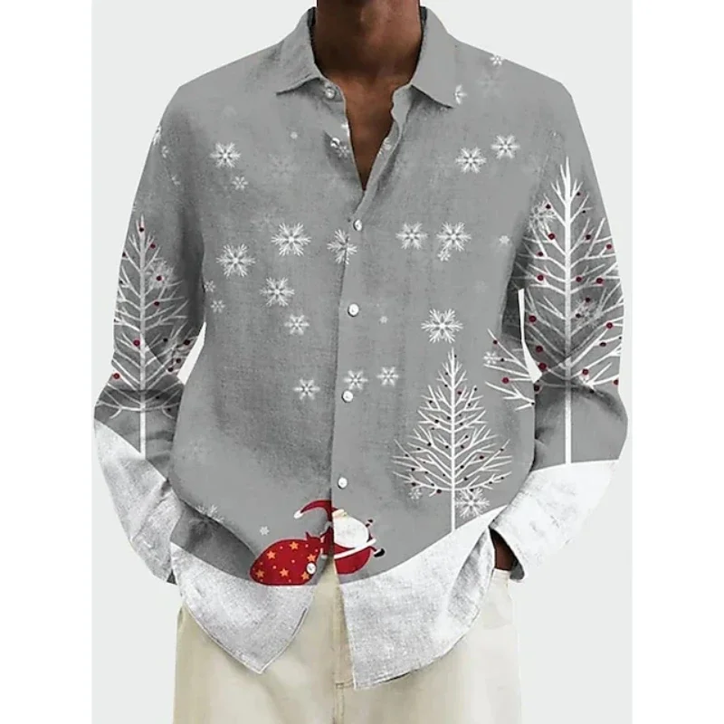 Christmas Shirts For Men Fashion Loose Lapel Button-Down Shirt 3d Santa Claus Graphic Long Sleeve Print T-Shirts Oversized Tops 5