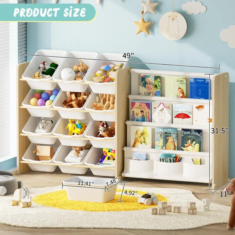 Kids Toy Storage Organizer-Toy Organizer with Kids Bookshelf,Toy Storage with 12 Toy White Bins and 4 Book Shelves 2