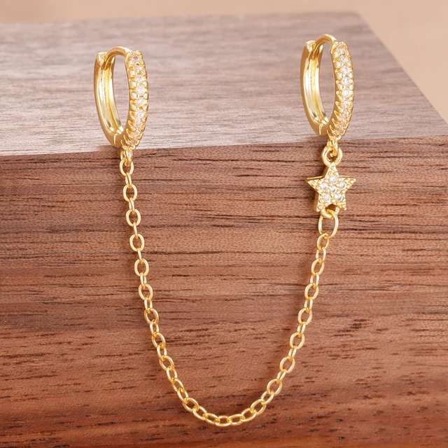 Boucles d'oreilles pendantes en acier inoxydable pour femmes, chaîne de couleur or, pendentif en zircone, Clip, accessoires bijoux de fête de vacances
