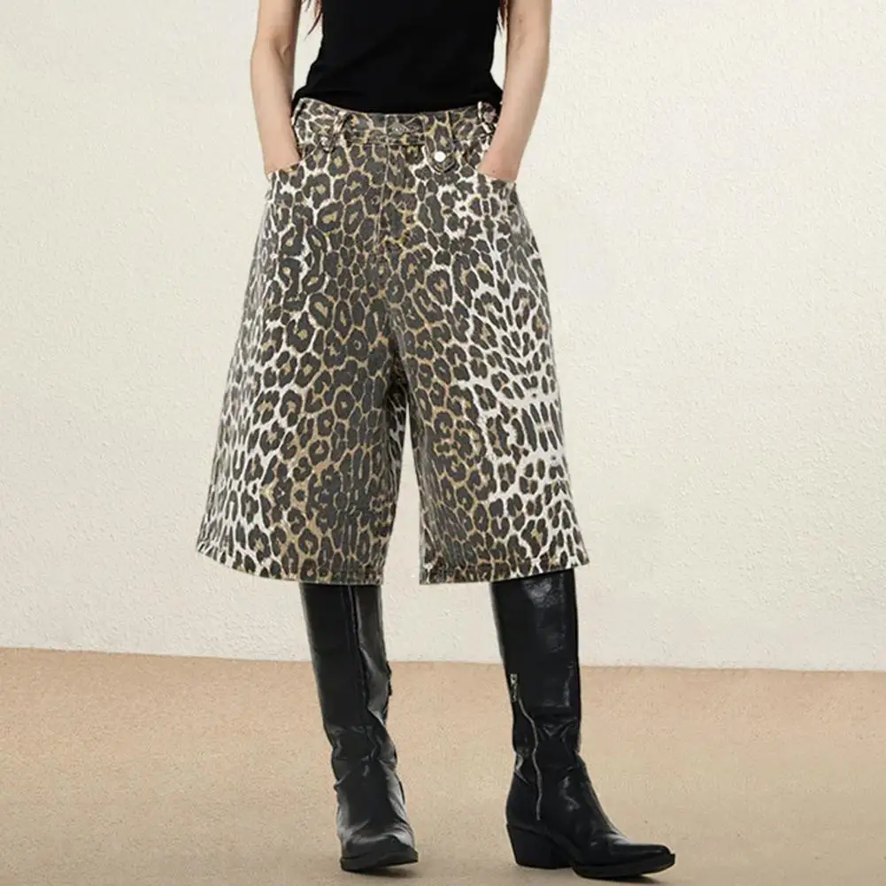 Mid-rise Button Detail Pants Leopard Print Unisex Denim Pants Retro Streetwear Club Trousers for Women Men with Zipper Button