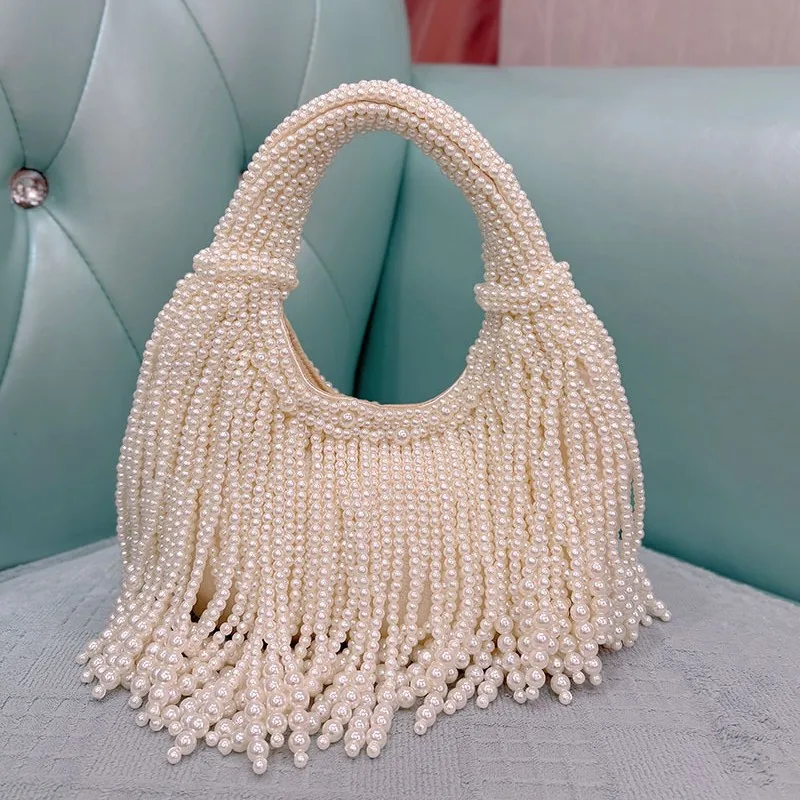 Luxury Pearl Beaded Handbag Fashionable Long Tassel Design Women's Handmade Evening Bag Unique Chain Crossbody Bucket Bag Female