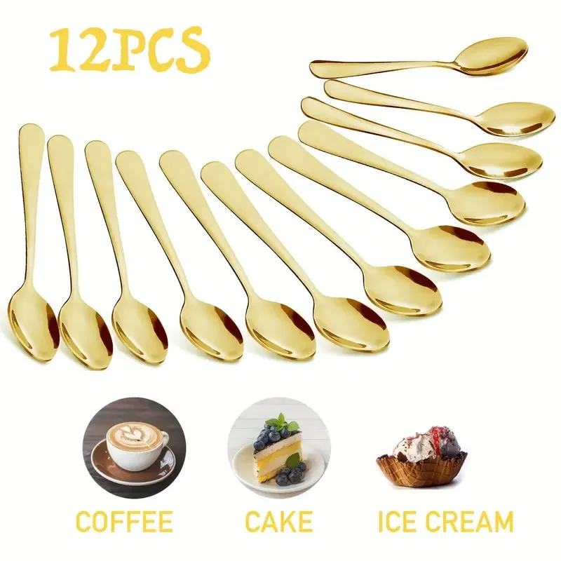 Gold Stainless Steel Coffee Spoon Dessert Spoon Tea Machine Washable 12pcs Suitable for Kitchen Restaurant