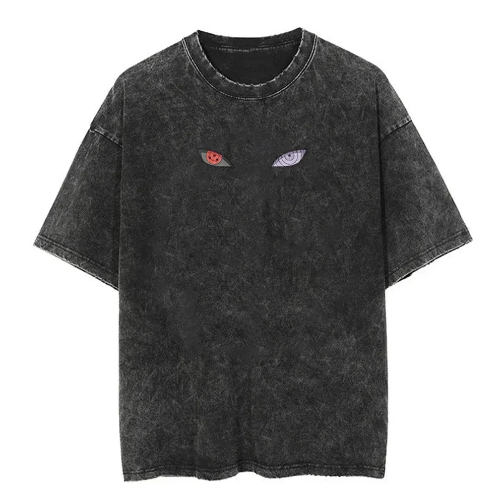 Men Streetwear Tshirt Japanese Naruto Anime Graphic T-Shirt Cotton Harajuku Washed T Shirt Summer Hip Hop Tops Tees Black