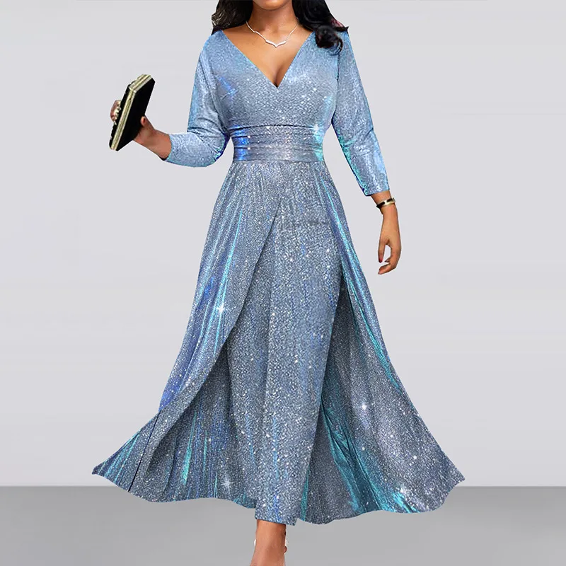 

Fashion Lady Glossy Shiny Glitter Party Jumpsuit Women Long Sleeve Slim Dress Romper Sexy V Neck Pencel Pants Overalls Playsuits