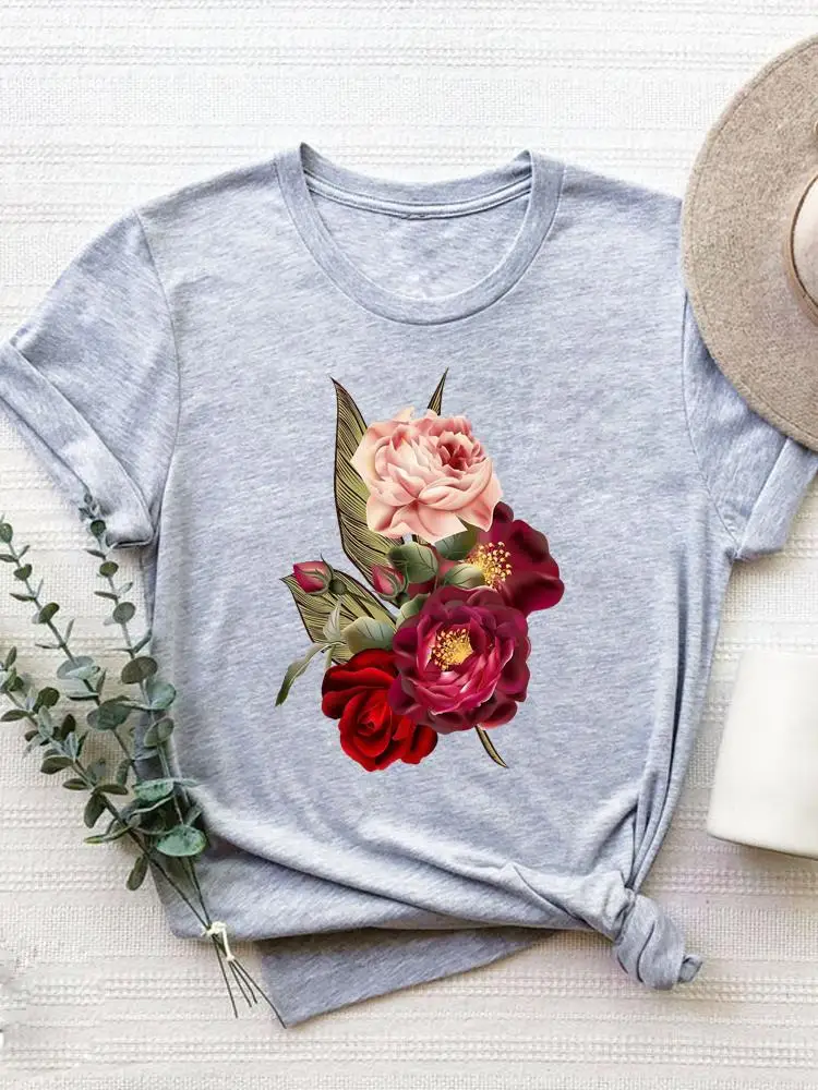 Short Sleeve Graphic T-shirt Women Summer Clothes Clothing Flower Sweet 90s Style Print T Shirt Fashion O-neck Tee Top