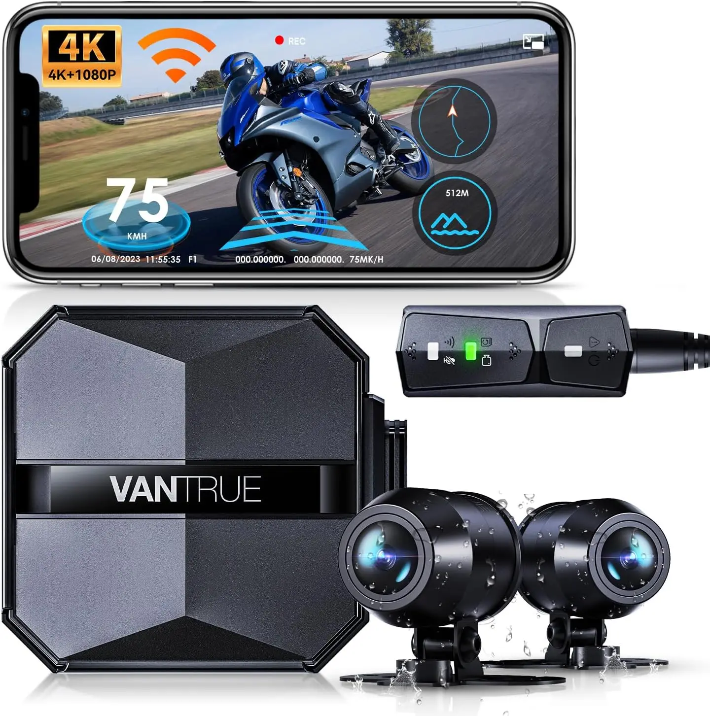 Vantrue F1 Motorcycle 4K Front and Rear Dash Cam, 4K + 1080P Motorcycle Camera, GPS, Full Body Waterproof, Wi-Fi