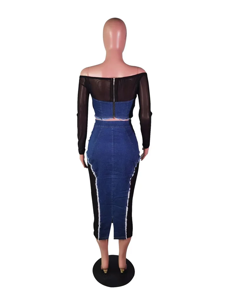Wmstar Two Piece Set Women Skirts Sets Off Shoulder Top Sexy Denim Patchwork New in Fall Clothes Wholesale Dropshipping S-2XL
