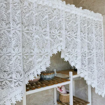 1PC Romantic Hollow Lace Short Curtain for Kitchen White Sheer Drape Cabinet Dustproof Study Special Rod #E 1