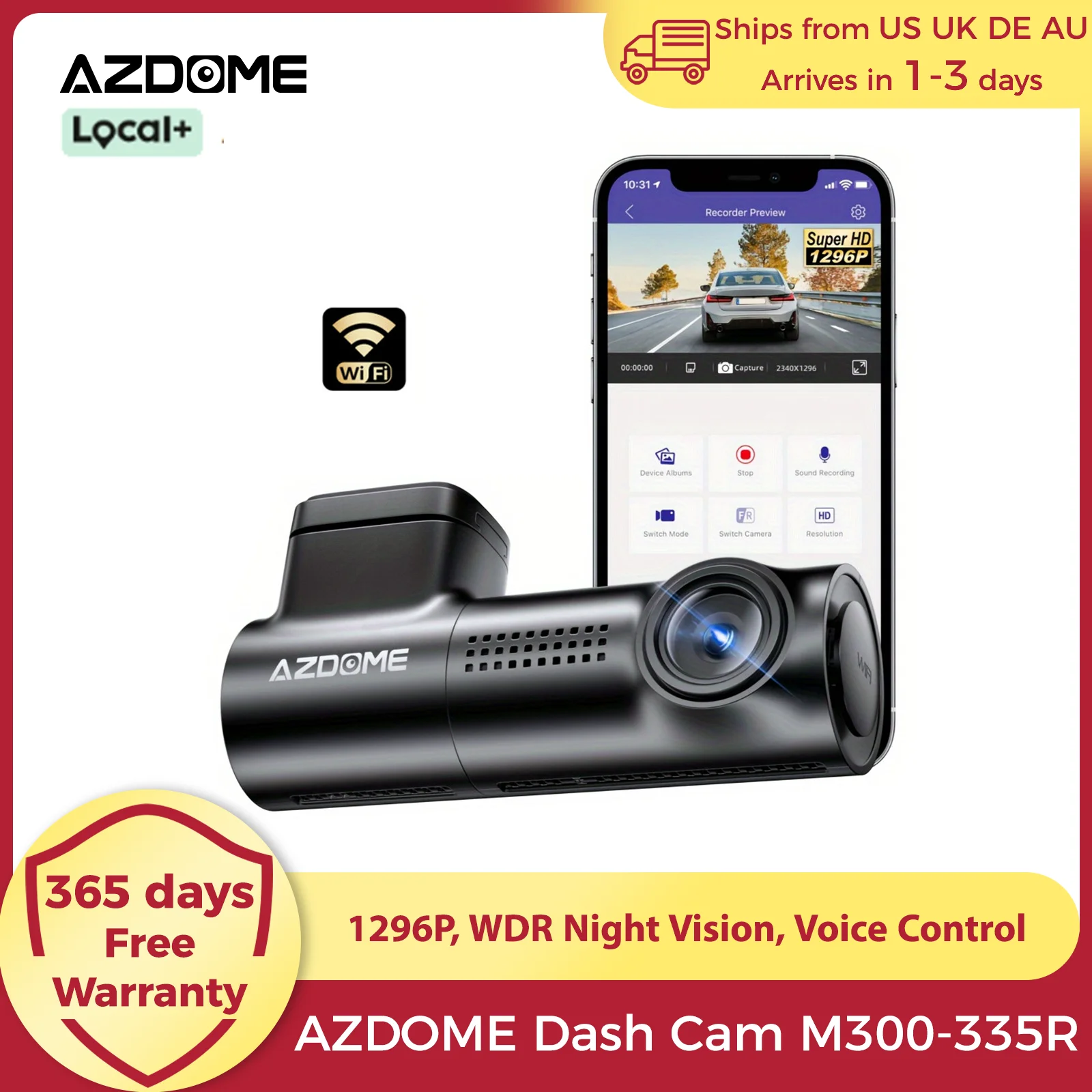 AZDOME 1296P WiFi Voice Control Dash Cam 1