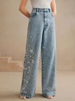 Women's plus Size Y2K Straight Leg Jeans Trendy Stretch Washed Denim Embroidery Design Comfortable Fashion - Image 5