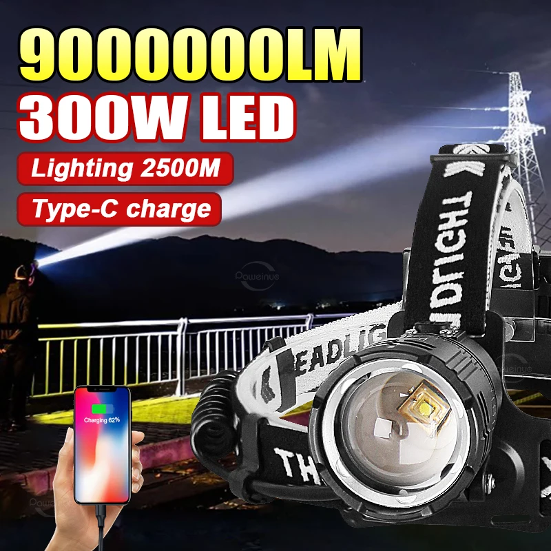 

Most Powerful LED Headlight Super Bright Big Aperture Head Flashlight Type-C Rechargeable led Headlamp Long Shot 2500M Head Lamp