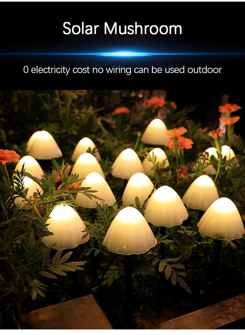 Description Picture 2 of itemLED Solar Mushroom Lights String Set Of 10/20Pcs 8 Modes Lawn Fairy Lights Outdoor Garden Patio Path Landscape Decoration Lamps