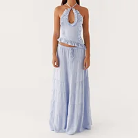 Ensemble jupe Maxi 2 pièces style Boho pour femmes, Y2k, Sexy, col licou, froncé, haut caraco, jupes à volants fluides à plusieurs niveaux, tenues de plage et de vacances 1