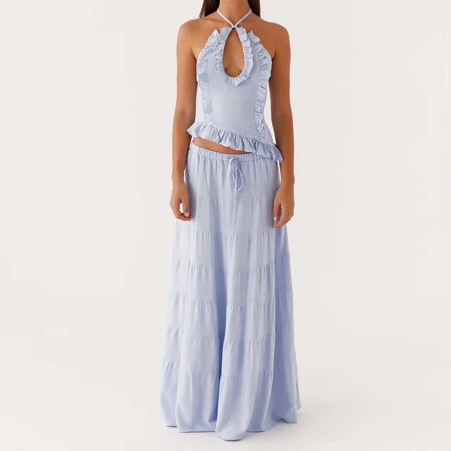 Ensemble jupe Maxi 2 pièces style Boho pour femmes, Y2k, Sexy, col licou, froncé, haut caraco, jupes à volants fluides à plusieurs niveaux, tenues de plage et de vacances 1
