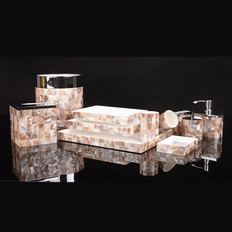 

Luxury Custom Design Pink Mother of Pearl Seashell Home Home Household Mother of Peal Resin Toilet Set Bathroom Accessories Sets