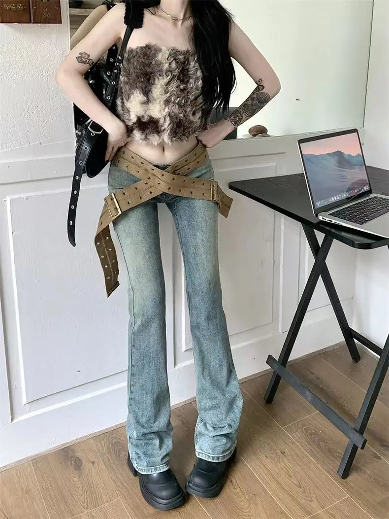 Jeans With Belt Low Rise Fashion Vintage Distressed Jeans For Women Streetwear Denim Straight Leg Jeans Bottom Essential Pants