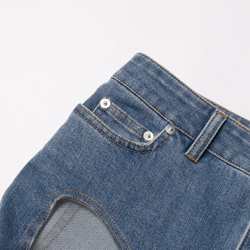 Women's 2024 Spring Sexy Jeans Hollow-out Mesh Yarn Splicing Jeans Personality Slim Fit Hip Mop Casual Long Pencil Denim Pants