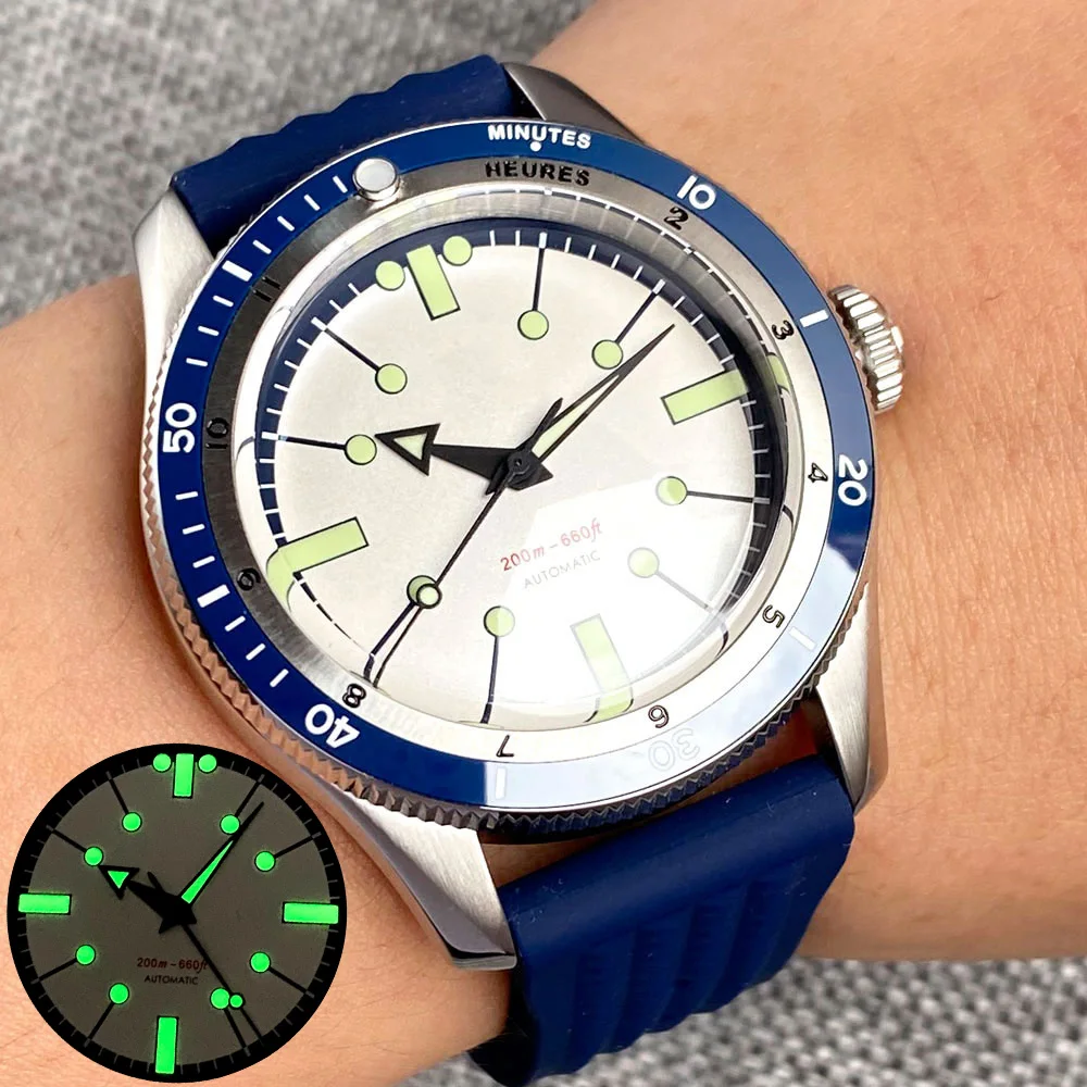 Diver 40mm Tandorio NH35A PT5000 Mechanical Automatic Watch Men 200M Water Resistant Blue White Domed Sapphire Glass Screw Crown