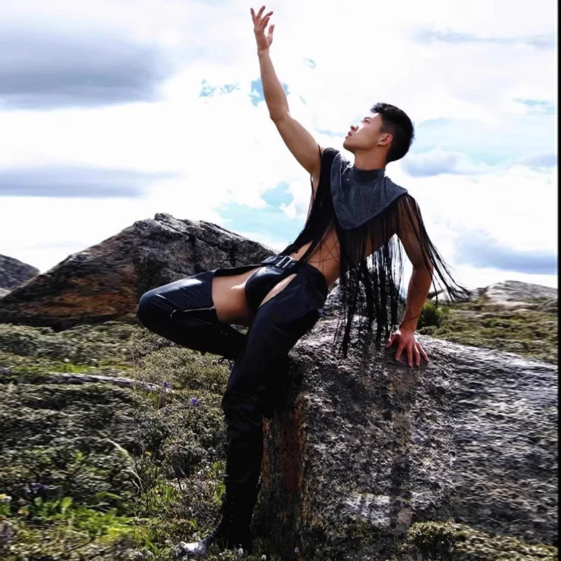 Men Exotic Open Crotch Faux Leather Pants Sexy Low Waist Fetish PU Trousers Gothic Pole Dance Nightclub Costume Clubwear Custom