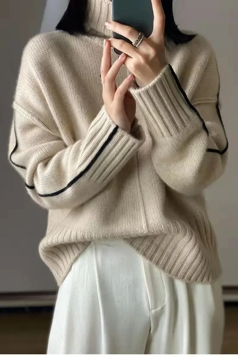 여성용 순수 캐시미어 터틀넥 스웨터 루즈핏 두꺼운 바닥 풀오버 컬러 매치 가을, 겨울을위한 유럽 스타일